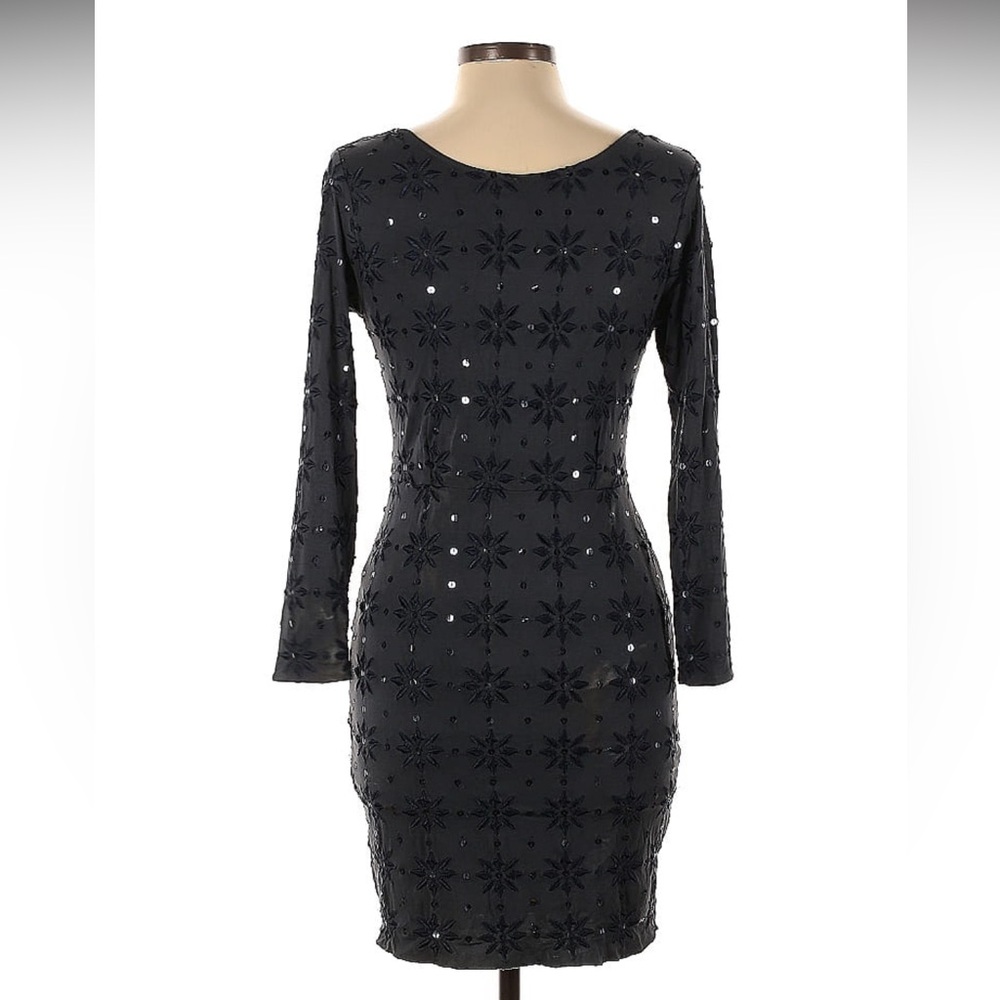 Free People Casual Dress Mini Scoop Neck Long Sleeve Black Stars Dress NWT - L